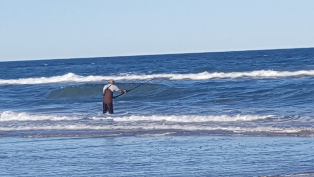 Fisherman wading the surf and fighting a fish with the waves in the background.