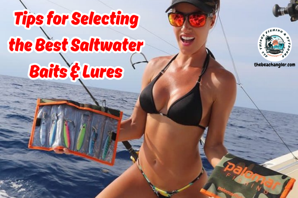 Lady angler standing in a boat offshore and holding two tackle bags full of artificial lures.