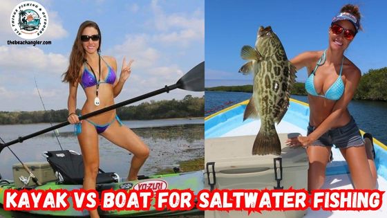kayak vs boat for saltwater fishing one image of a lady angler standing by her kayak and the other image of the lady angler in a boat holding up a nice grouper.