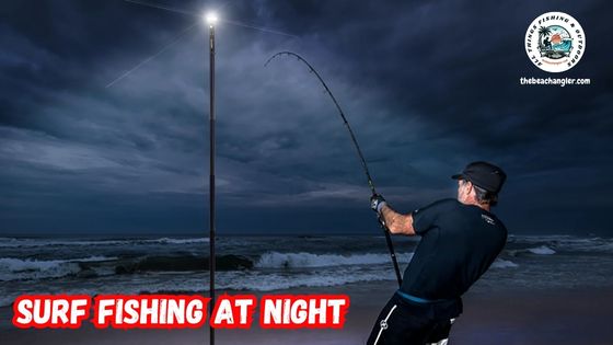 surf fishing at night with fisherman hooked up and fighting a fish