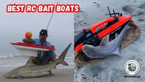 Best RC Bait Boats for Surf Fishing featuring fisherman kneeling on the beach next to a nice shark holding up his Aqua Cat RC Bait boat, and image of the Fishing Surf RC Bait Boat on the beach next to a medium sized shark.