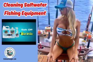 cleaning saltwater fishing equipment. Image of lady angler sitting at the back of a boat with several rods and reels waiting to be cleaned. Inset image of Salt Off saltwater gear cleaner.