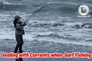 Dealing with currents when surf fishing with image of lady surf angler fishing in some rough surf conditions and strong currents.