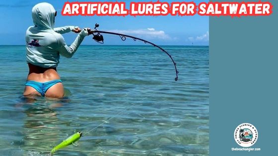 Artificial lures for saltwater fishing featured image and shows a lady angler wading in the water and making a cast with an artificial lure.