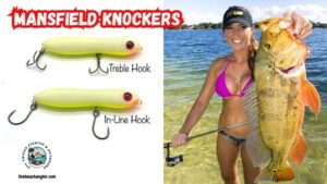 Mansfield Knockers saltwater lures with image of lady angler holding up a large peacock bass.