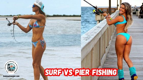 Surf fishing vs Pier fishing images of one lady angler casting into the surf and another fishing from a pier