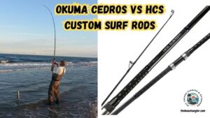 Okuma Cedros CSX vs Okuma HCS Custom surf rods featured image showing Ken Kuhn hooked up with a fish while surf fishing at Padre Island. Also has an enlarged image of the Okuma HCS Custom surf rod.