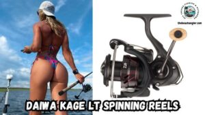 Daiwa Kage LT Spinning Reel Review featured image showing lady angler standing in the bow of her boat holding her spinning rod and reel combo with enlarged image of Daiwa KAGE LT Spinning Reel