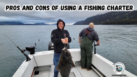 Pros and Cons of using a Fishing Charter for Saltwater featured image of Wade McMahon holding up a nice halibut while standing in the back of the boat with Discovery Charters in Kodiak Alaska.