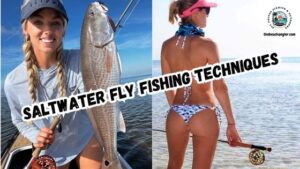 Saltwater Fly Fishing Techniques featured image with an image of a lady fly angler holding up a nice redfish and another lady fly angler standing on the beach holding her fly rod and looking out over the surf.