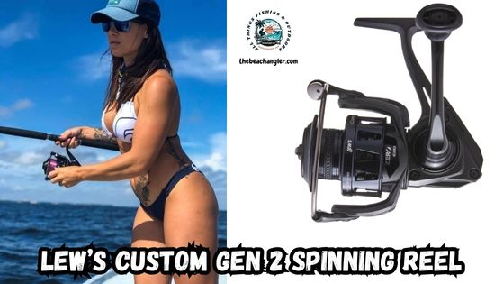 Lew's Custom Gen 2 spinning reel featured image showing a lady angler fishing with her Lew's spinning reel opposite an image of the Lew's Custom Gen 2 Spinning Reel.