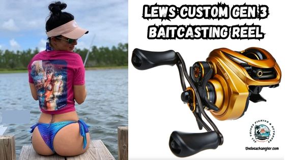 Lew's Custom Gen 3 Baitcasting Reel feature image with lady angler sitting on the end of a dock while fishing and an enlarged image of the Lew's Custom Gen 3 Baitcasting Reel.