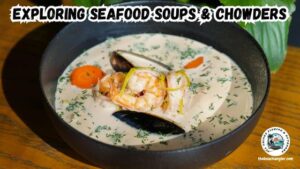 Seafood Soups and Chowders featured image showing a bowl of seafood chowder on a table.
