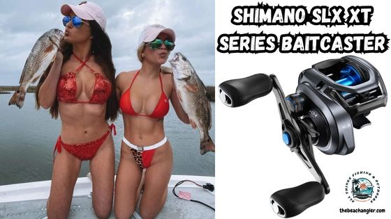 Shimano SLX XT Baitcasting reel featured image showing two lady anglers each holding a nice slot redfish with an enlarged image of the Shimano SLX XT baitcasting reel next to them.
