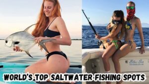 Top 10 Saltwater Fishing Spots in the world featured image with two lady anglers sitting on the side of a boat and trolling the ocean with another lady angler on a paddleboard holding a permit.