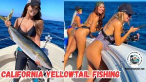 California Yellowtail Fishing featured image showing three lady anglers jigging off the side of the boat while another lady angler holds up a large yellowtail from the front of the boat.
