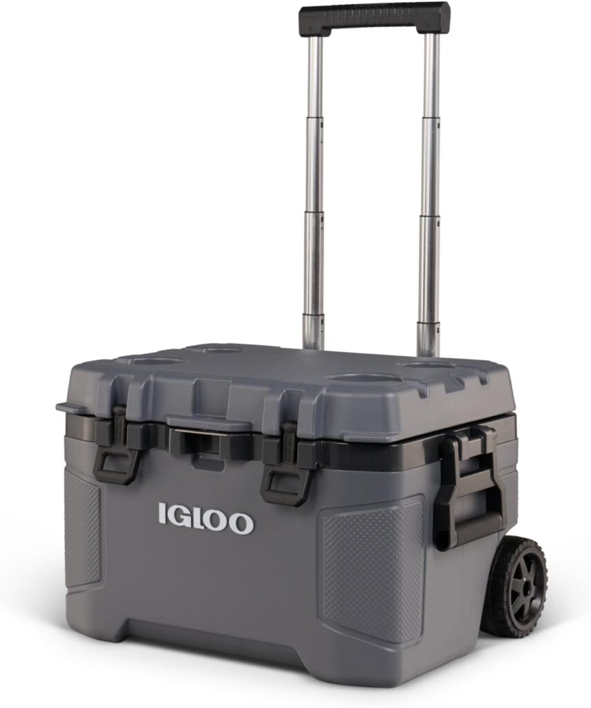 Igloo 52-quart hard-shell cooler with wheels.