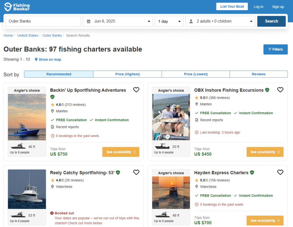 Image of the top available fishing charters for the Outer Banks, available on FishingBooker.