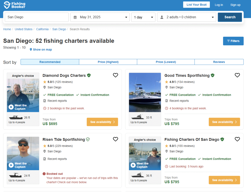 Fishing Booker listed fishing charters for San Diego California
