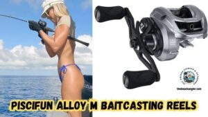 Piscifun Alloy M Baitcasting Reels featured image showing an enlarged image of the Piscifun Alloy M next to an image of a lady angler standing in a boat and fighting a fish using the Alloy M.
