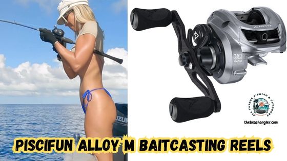 Piscifun Alloy M Baitcasting Reels featured image showing an enlarged image of the Piscifun Alloy M next to an image of a lady angler standing in a boat and fighting a fish using the Alloy M.