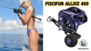 Piscifun Alijoz 400 Baitcasting Reel featured image showing an enlargment of the Alijoz 400 next to an image of a lady angler fighting a fish from a boat using her Piscifun Alijoz 400 reel.