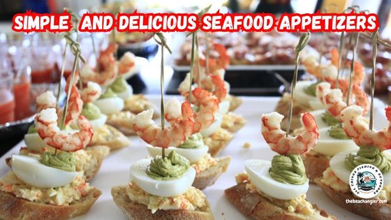 Seafood Appetizers featured image showing a tray of deviled eggs topped with boiled shrimp.