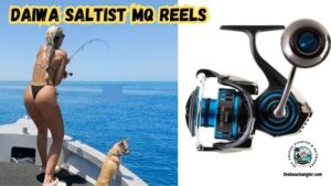 Daiwa Saltist MQ Featured Image showing a lady angler and her dog standing in the bow of a boat and fighting a fish next to an enlarged image of the Daiwa Saltist MQ Spinning Reel.