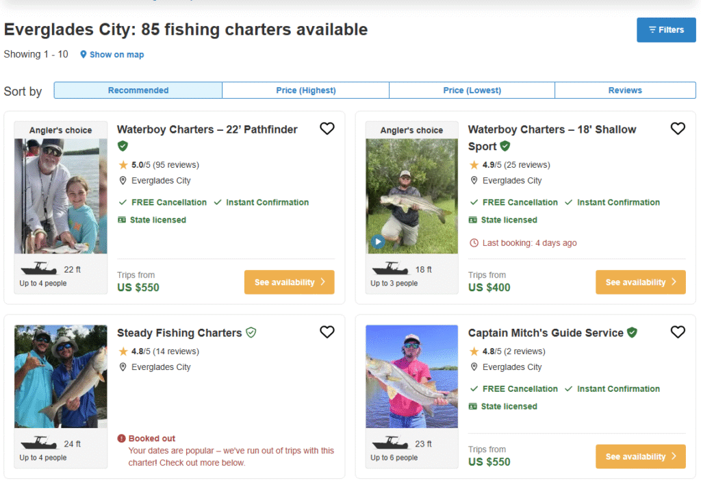 Fishingbooker.com results for Florida Everglades fishing charters.