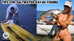 Saltwater kayak fishing featured image showing an angler measuring a red drum on the back of his kayak next to an image of a lady angler wading next to her kayak holding a nice speckled trout.