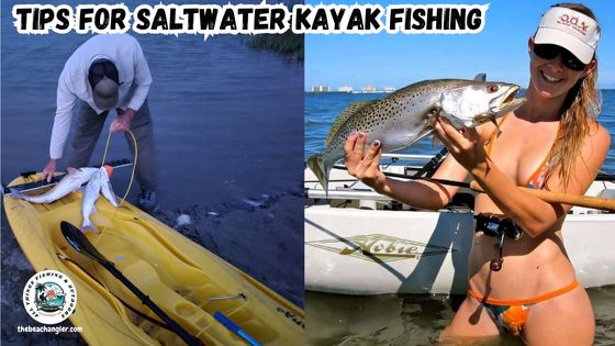 Saltwater kayak fishing featured image showing an angler measuring a red drum on the back of his kayak next to an image of a lady angler wading next to her kayak holding a nice speckled trout.