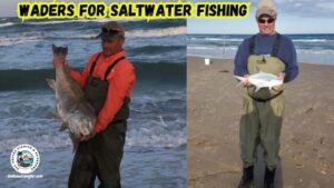 Waders for Saltwater Fishing featured image showing the author, Rex McMahon, holding up a large black drum while fishing with waders on. And, another photo of the author wearing his breathable waders holding a pompano.