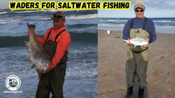 Waders for Saltwater Fishing featured image showing the author, Rex McMahon, holding up a large black drum while fishing with waders on. And, another photo of the author wearing his breathable waders holding a pompano.