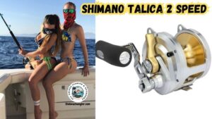 Shimano Talica 2 Speed Lever Drag Reels feature image showing an image of the Talica next to an image of two lady anglers sitting on the side of a boat and reeling in their Shimano Talica.