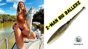 Z-Man Big Ballerz featured image showing an enlarged image of the Z-Man Big Ballerz lure next to an image of a lady angler holding a nice speckled trout while kneeling in the bow of a boat.