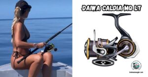 Daiwa Caldia MQ LT featured image showing a lady angler sitting on the side of a boat with her rod and reel next to an enlarged image of the Daiwa Caldia MQ LT.