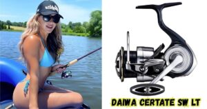 Daiwa Certate Featured image showing an enlarged photo of the Daiwa Certate Spinning Reel next to an image of a lady angler sitting in a boat holding her rod and Daiwa Certate Reel.