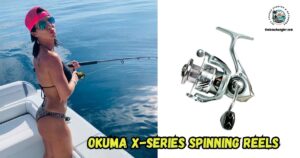 Okuma X-Series Spinning Reels featured image showing a lady angler fishing from a boat with her spinning rod and reel, and an enlarged image of the Okuma X-Series Spinning Reel.