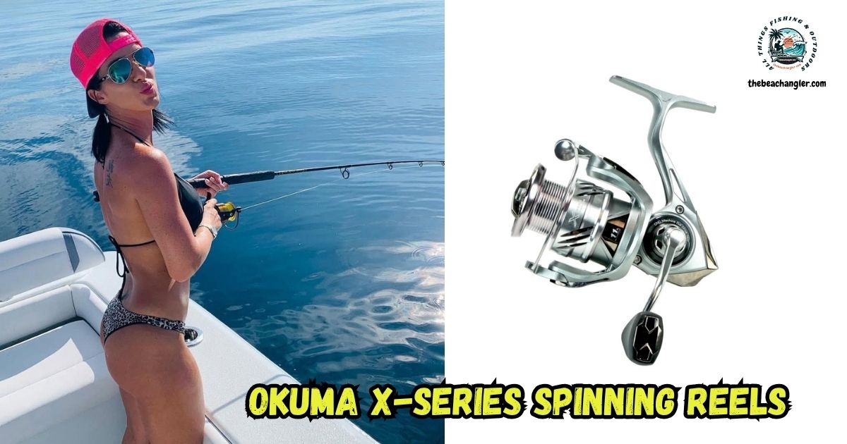 Okuma X-Series Spinning Reels featured image showing a lady angler fishing from a boat with her spinning rod and reel, and an enlarged image of the Okuma X-Series Spinning Reel.