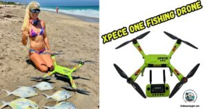 Xpece ONE Waterproof Fishing Drone featured image showing an image of the Xpece One drone, with its controller, next to an image of a lady kneeling on the beach next to her drone and some nice pompano.