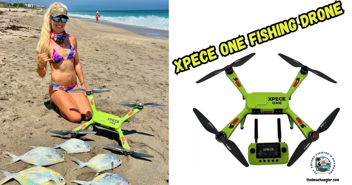 Xpece ONE Waterproof Fishing Drone featured image showing an image of the Xpece One drone, with its controller, next to an image of a lady kneeling on the beach next to her drone and some nice pompano.