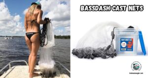 BASSDASH Cast Nets featured image showing a lady angler standing in the bow of a boat ready to throw her cast net next to an enlarged image of the BASSDASH Cast Net.