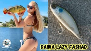 Daiwa Lazy Fashad feature image showing an enlarged image of the Daiwa Fashad next to a photo of a lady angler holding up a nice peacock bass.