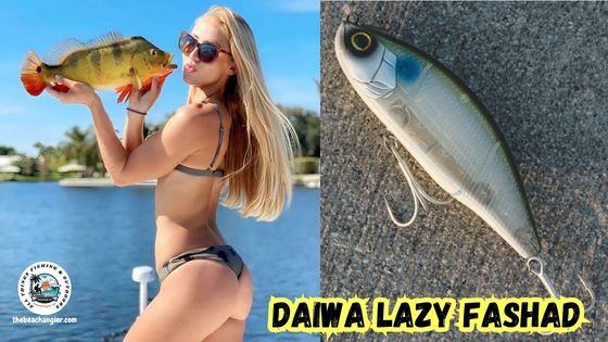 Daiwa Lazy Fashad feature image showing an enlarged image of the Daiwa Fashad next to a photo of a lady angler holding up a nice peacock bass.