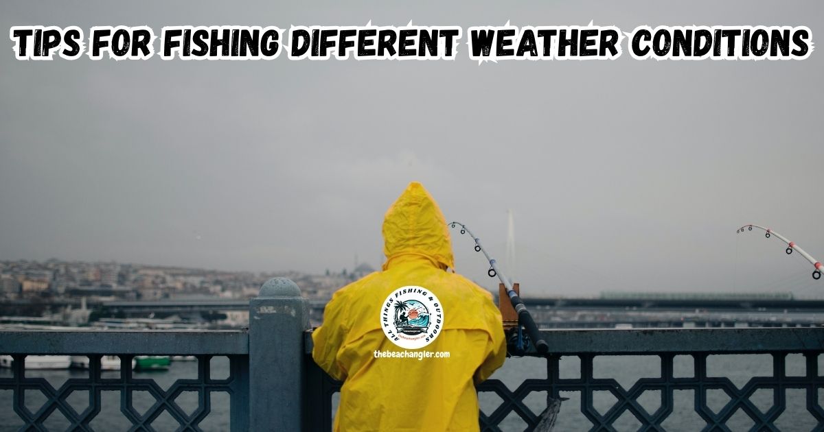 Tips for Fishing in Different Weather Conditions featured image showing a man in a yellow rain suit fishing off a pier while it is raining.
