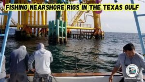 Fishing Nearshore Rigs in the Gulf of Mexico in Texas. Image shows three fishermen fishing from the back of a boat next to a nearshore oil rig.