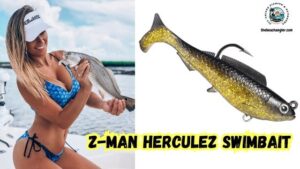 Z-Man Herculez Swimbait featured image showing an enlarged image of the Z-Man HerculeZ next to a photo of a lady angler holding a redfish that has a Z-Man Herculez in its mouth.
