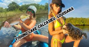 Fishing Lake Calcasieu featured image showing two lady anglers, one in her kayak holding a nice redfish, and the other standing in a boat with a keeper flounder.