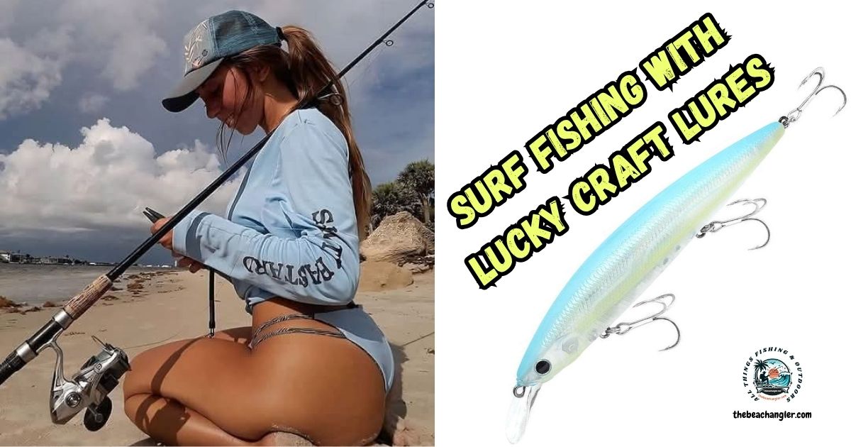 Surf Fishing with Lucky Craft Lures featured image showing a lady angler sitting on the beach while tying on her Lucky Craft lure, and an enlarged image of a Lucky Craft lure.