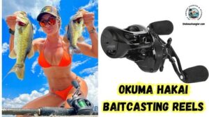 Okuma Hakai Baitcasting Reel featured image showing an enlarged image of the Okuma Hakai Baitcasting reel next to a photo of a lady angler holding up two largemouth bass with her Okuma Hakai rod and reel on the deck of her boat.